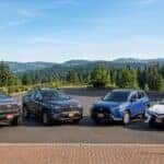 Toyota Tacoma, Rav4, Corolla Cross, and Camry outside
