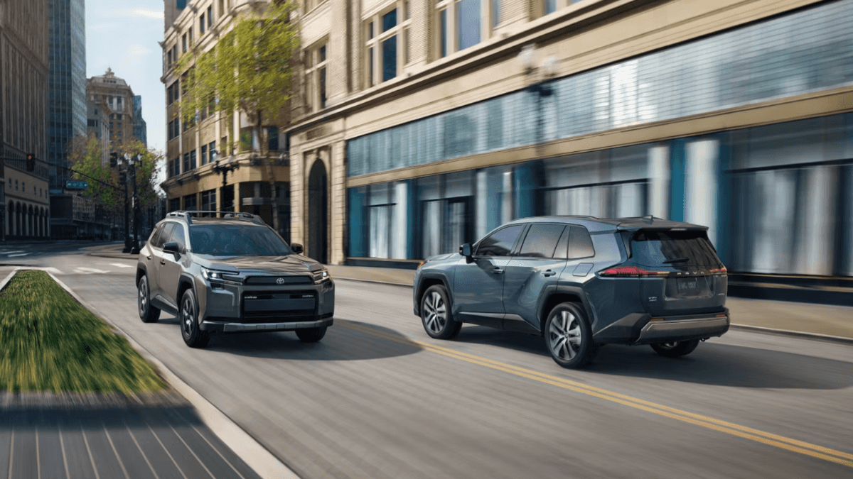 Toyota RAV4 models driving in opposite directions