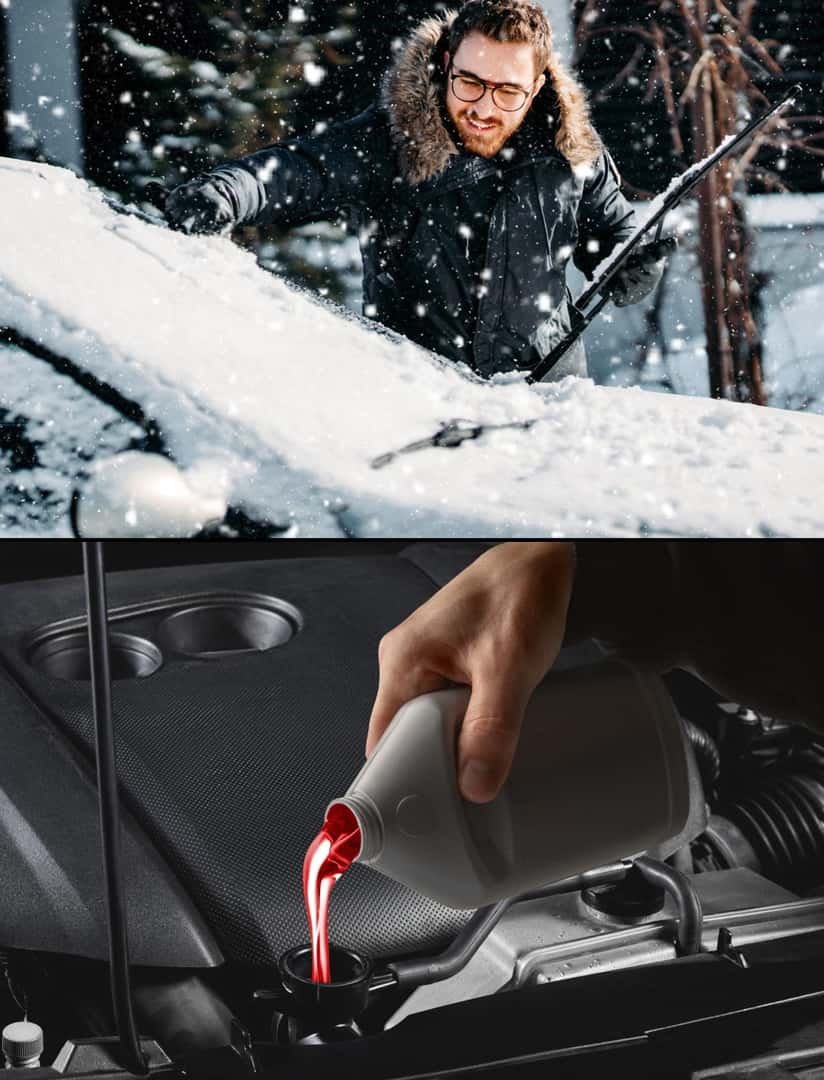 Driver clearing snow from a vehicle windshield above a close-up of automotive fluid being poured into a vehicle reservoir.