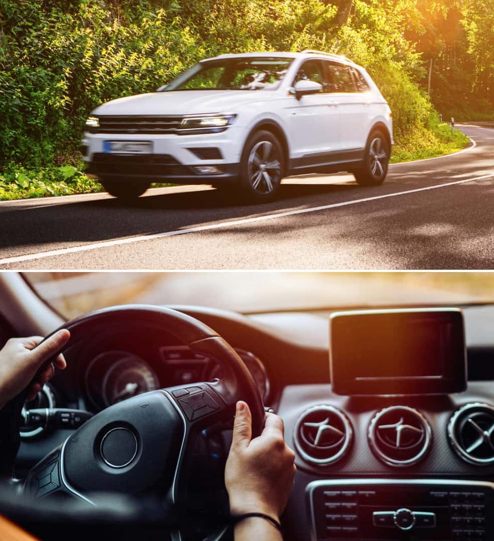 White SUV driving on a winding road above a close-up of a driver holding the steering wheel inside a vehicle.