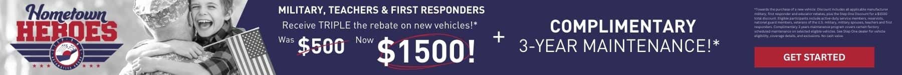 For those who serve we go the extra mile. Military, Teachers & First Responders receive TRIPLE the rebate on new vehicles! + complimentary 3-years maintenance at Step One GMC Fort Walton Beach in Fort Walton Beach, FL. Select the image to view New Inventory.