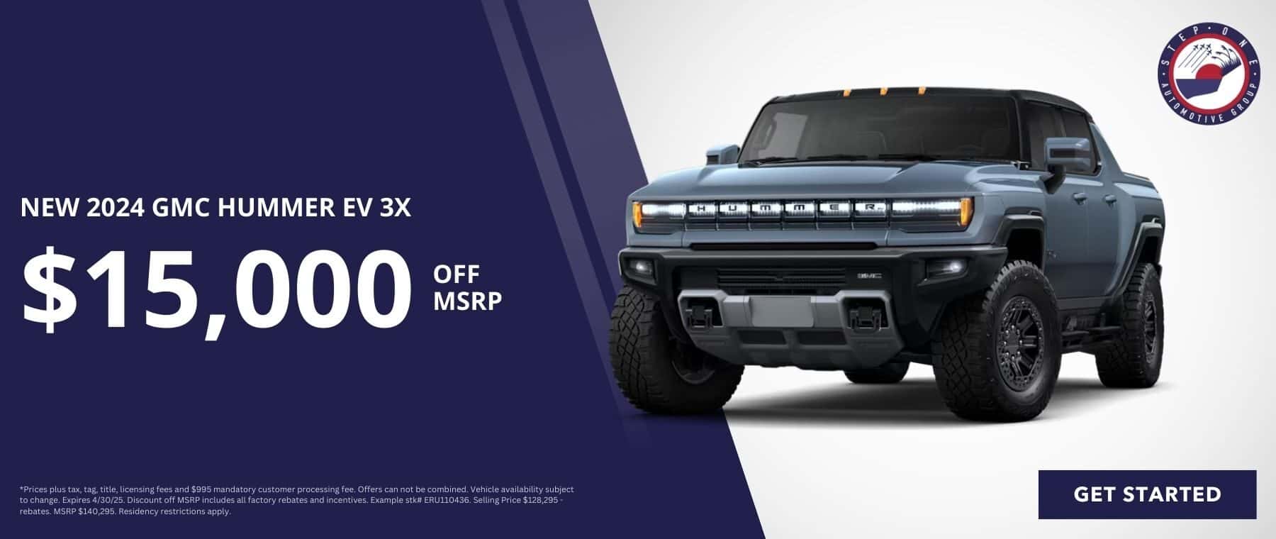 This month only, but a new 2024 GMC Hummer EV 3X for $15,000 OFF MSRP only at Step One GMC Fort Walton Beach in Fort Walton Beach, FL. Select the image to view matching inventory.