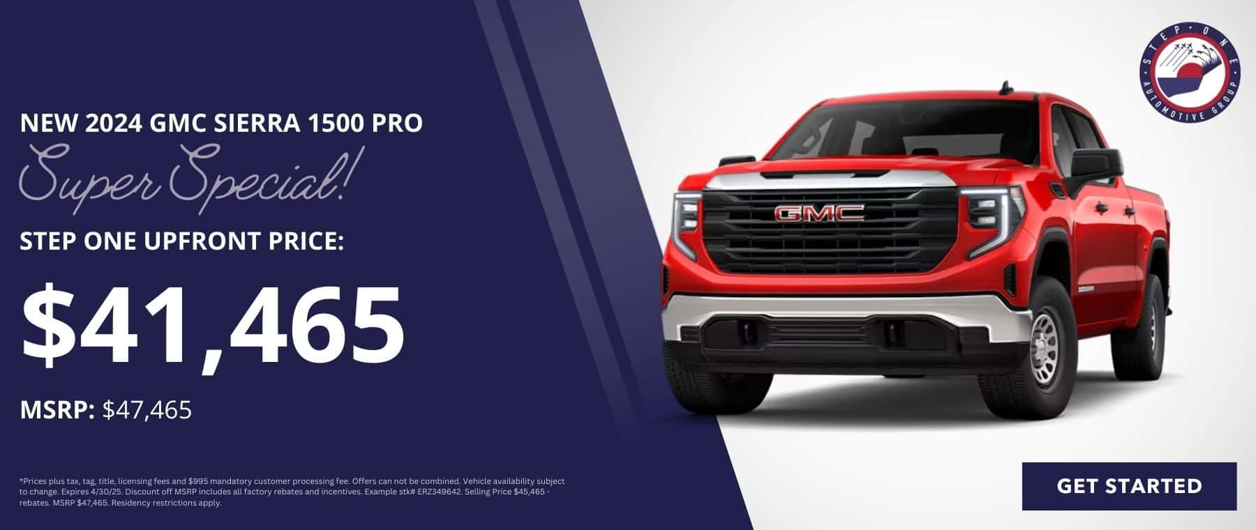 Shop a Super Special GMC Sierra deal and get a New 2024 1500 Pro for $41,465 only at Step One GMC Fort Walton Beach in Fort Walton Beach, FL. Select the image to view matching inventory.