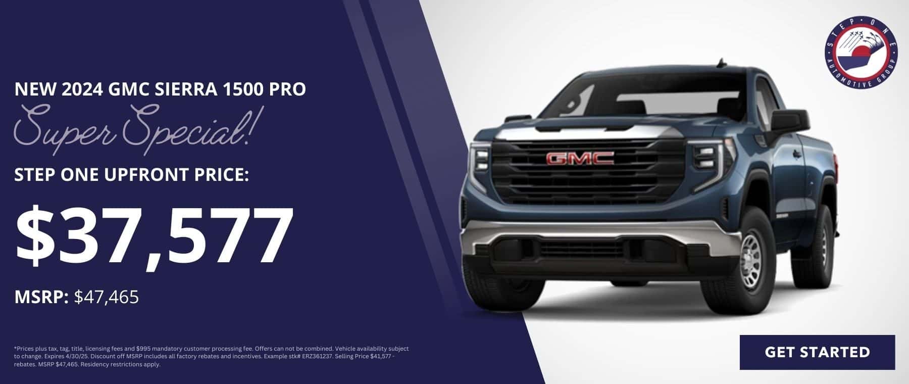 Shop a Super Special GMC Sierra deal and get a New 2024 1500 Pro for $37,577 only at Step One GMC Fort Walton Beach in Fort Walton Beach, FL. Select the image to view matching inventory.