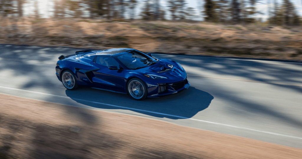 Chevrolet Corvette ZR1 Driving on a Rural Road Front 3/4 View