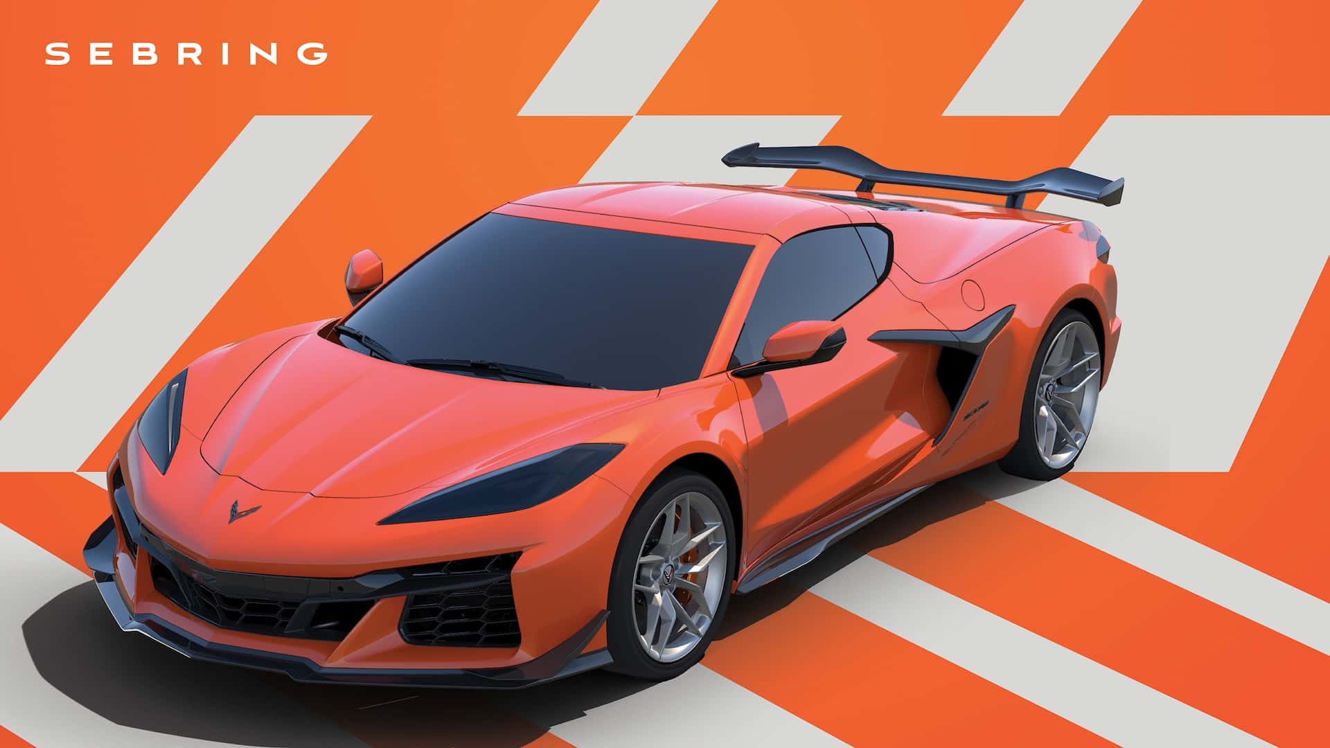 Image of a 2025 Corvette Z06 in Sebring Orange Tintcoat Metallic with 10-spoke wheels in Pearl Nickel.