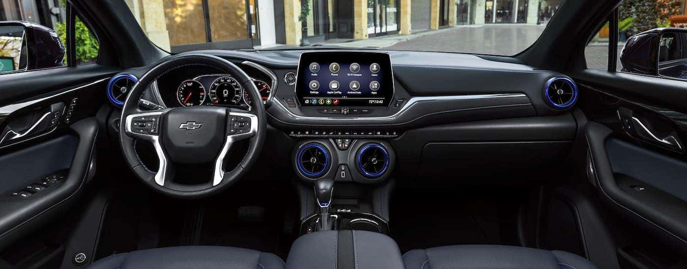 The black interior of a 2024 Chevy Blazer is shown from above the center console.