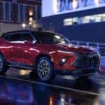 A red 2025 Chevy Blazer RS is shown from the front at an angle after leaving a Chevy dealer near Marshall.