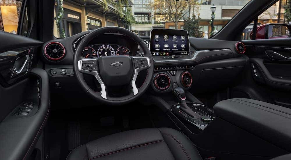 The black interior of a 2025 Chevy Blazer RS is shown.