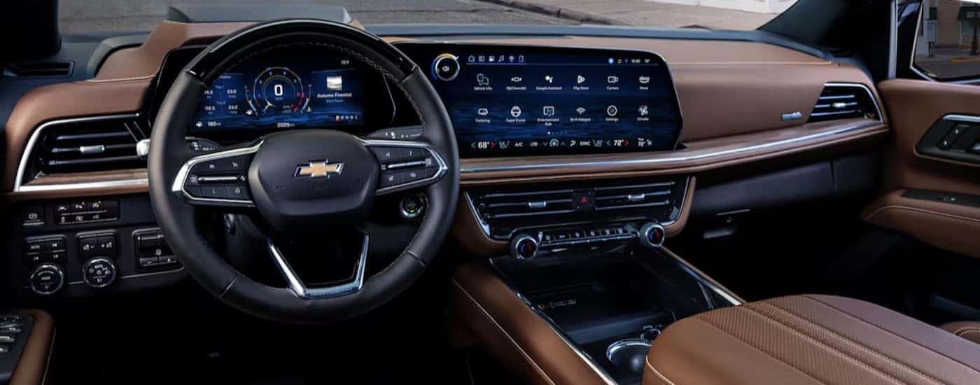 The brown interior and dash is shown in a 2025 Chevy Tahoe for sale near Marshall.