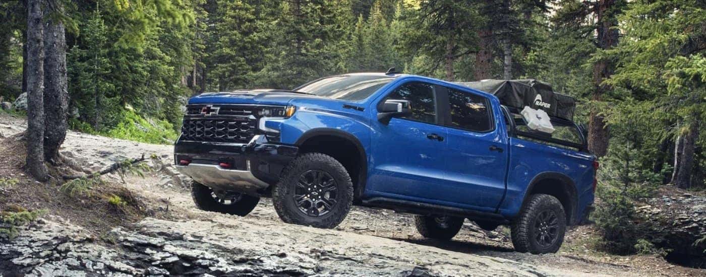 A blue 2024 Chevy Silverado 1500 for sale near Ruston parked in a forest.