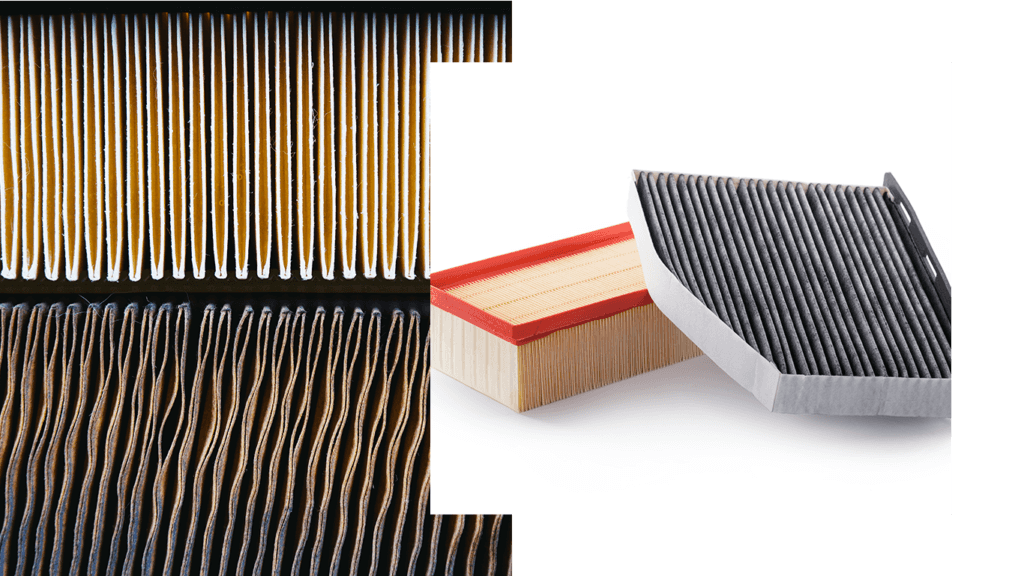 Cabin air filter replacement at CMA Chevrolet of Martinsburg | Old dirty cabin air filter / two new types of cabin air filters