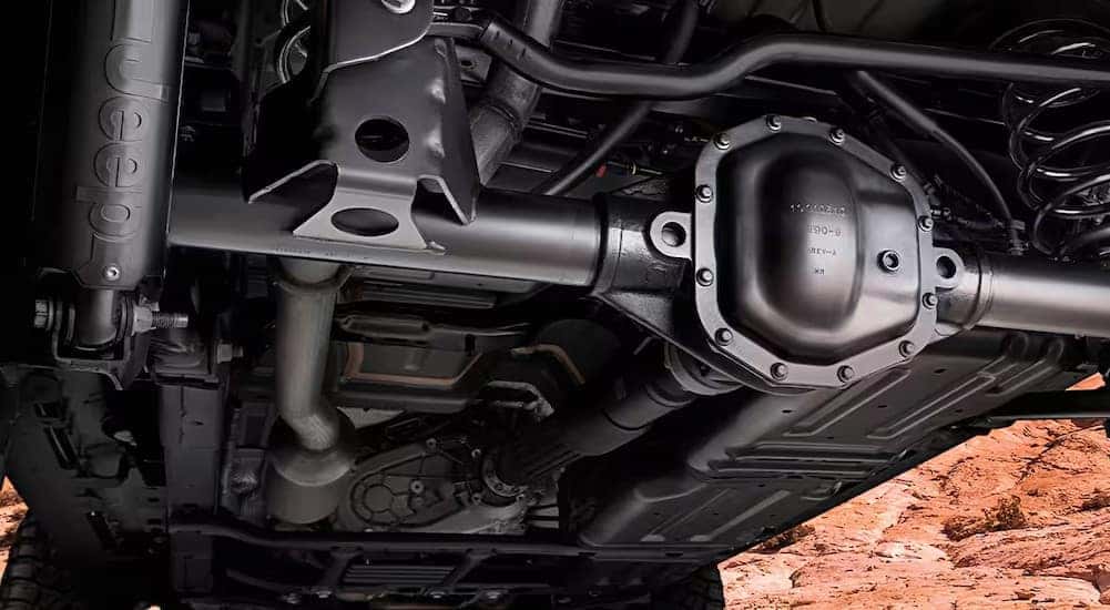 The undercarriage of a Jeep is shown at a Jeep dealer near Fort Mill.