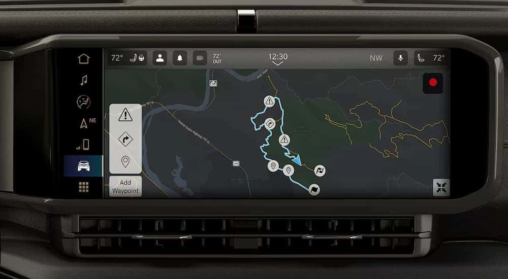 A close up of the map feature on the infotainment screen in a 2025 Jeep Wrangler.