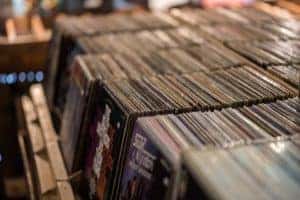 Crate of various records being sold at a local record store in Cleveland