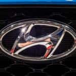 Up close image of a Hyundai emblem on a new Hyundai vehicle