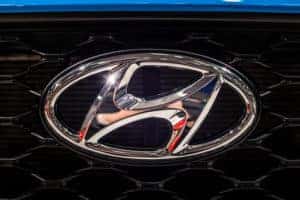 Up close image of a Hyundai emblem on a new Hyundai vehicle