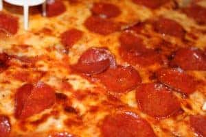 Up close photo of a pepperoni pizza