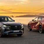 Red Gray Mazda SUVs Outside Water Bridge