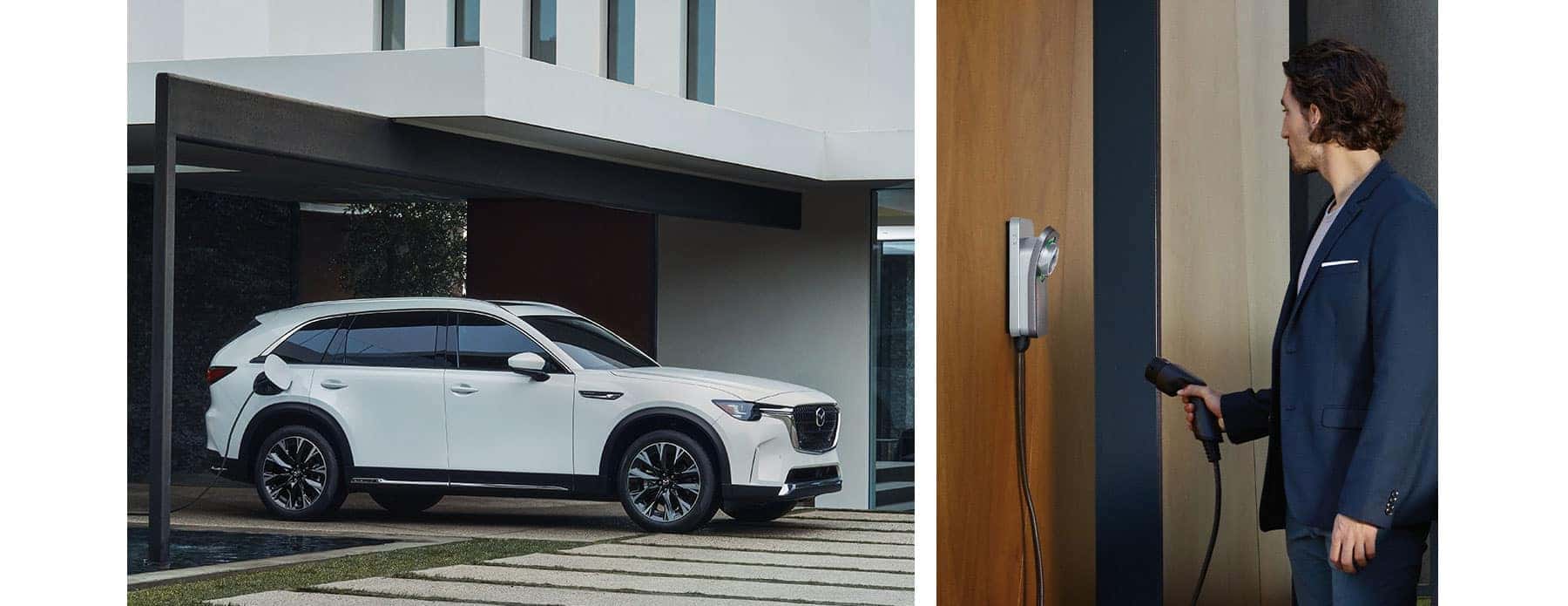 Man Plug-In White Mazda CX-90 SUV Hybrid White Building Brown Door