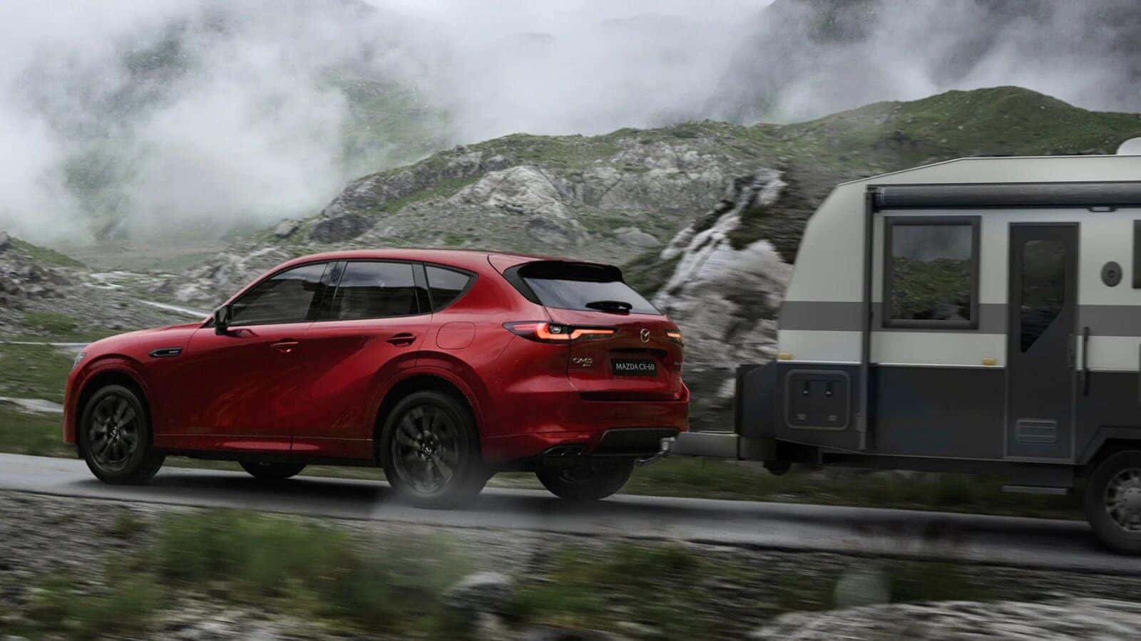 Red Mazda CX-60 SUV Trailer Green Mountains