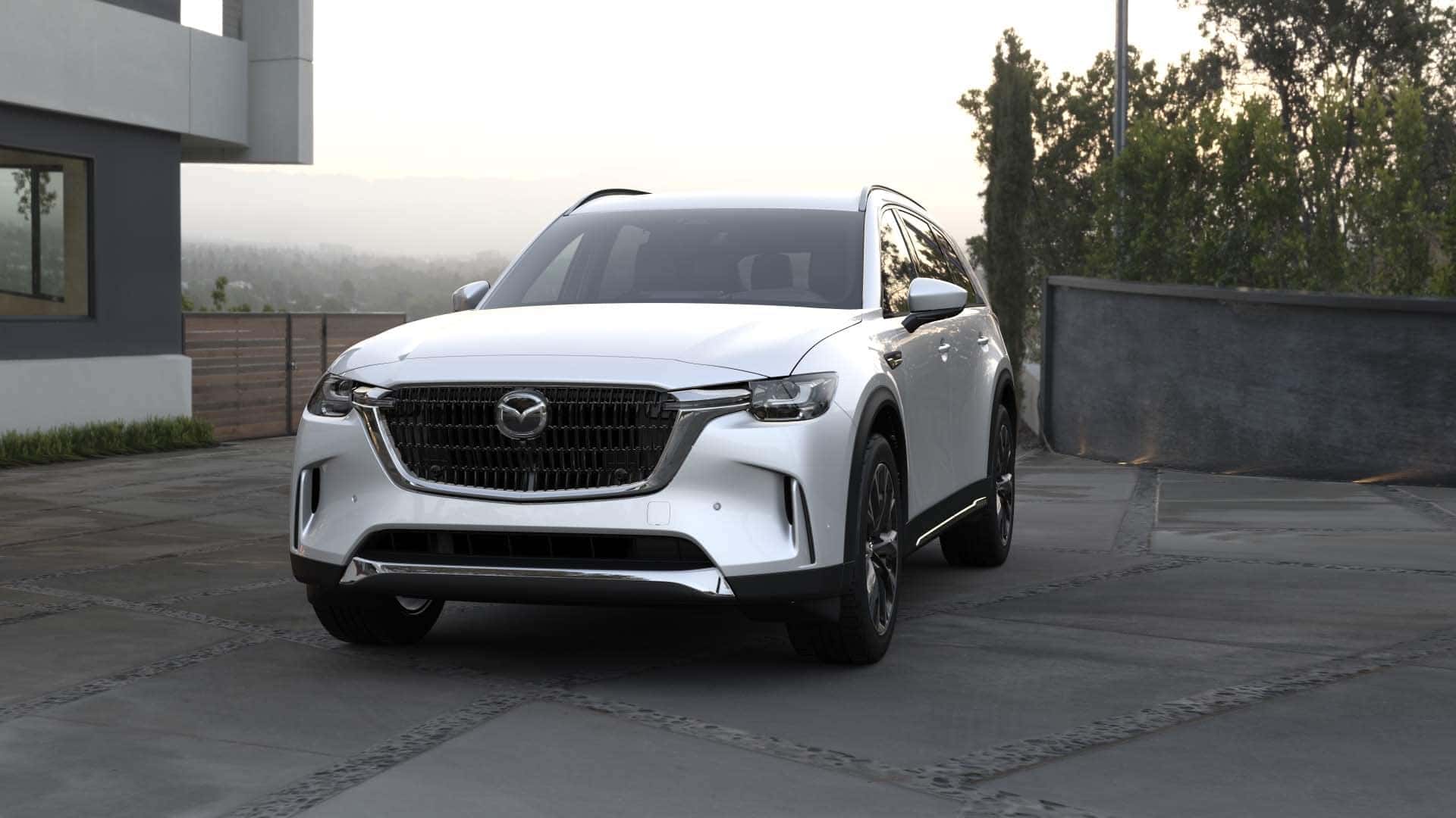 White Mazda CX-90 SUV Gray Road Trees
