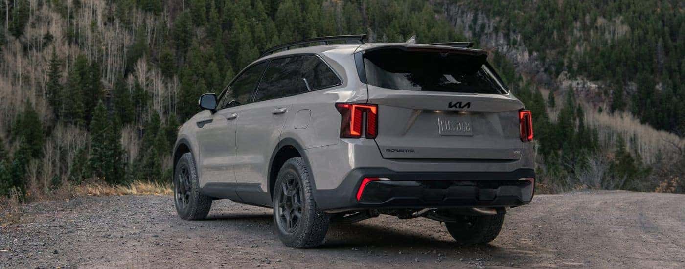 Grey 2026 Kia Sorento rear view parked in the woods.