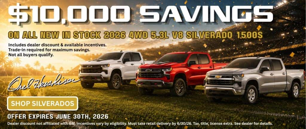 Up to $10,000 off all new in-stock 2026 5.3L Chevrolet Silverado 1500 trucks