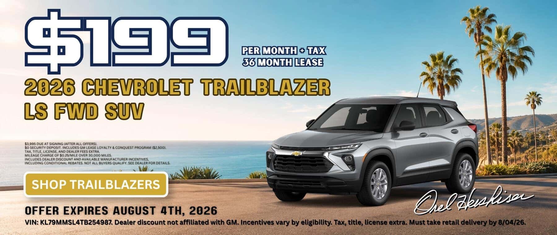 Silver 2026 Chevrolet Trailblazer LS advertised for $199 per month plus tax for 36 months
