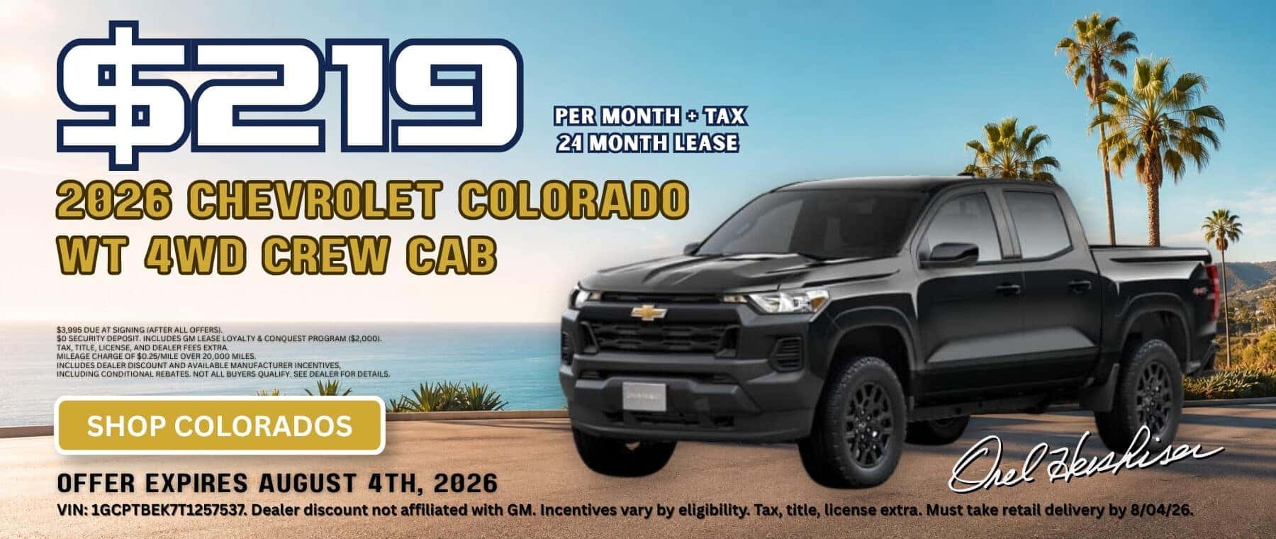 Black 2026 Chevrolet Colorado WT 4WD Crew Cab advertised for $219 per month plus tax for 24 months