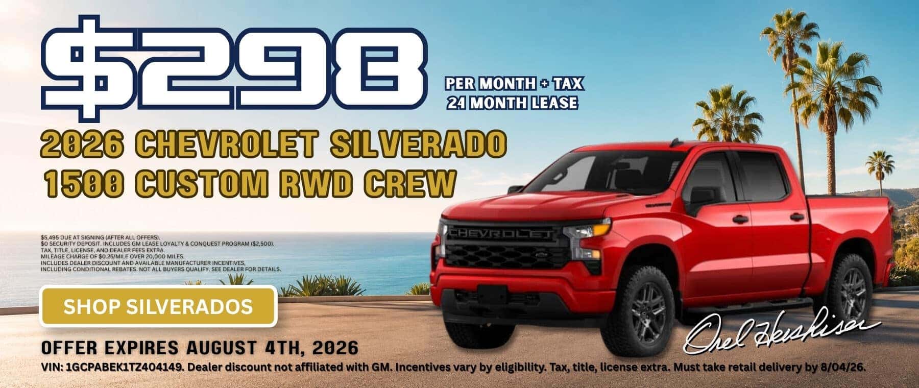 Red 2026 Chevrolet Silverado 1500 Custom RWD Crew Cab advertised for $298 per month plus tax