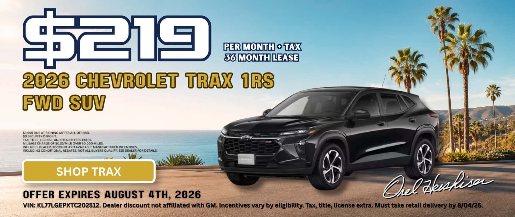Black 2026 Chevrolet Trax 1RS FWD advertised for $219 per month plus tax for 36 months