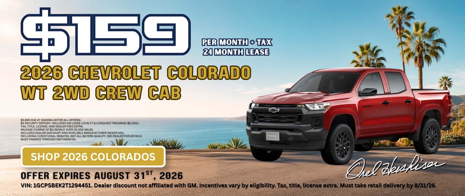 2026 Chevrolet Colorado WT 2WD Crew Cab lease for $159 per month plus tax for 24 months at Orel Hershiser Chevrolet.