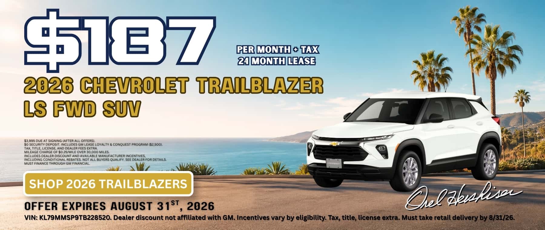 2026 Chevrolet Trailblazer LS FWD lease for $187 per month plus tax for 24 months at Orel Hershiser Chevrolet.