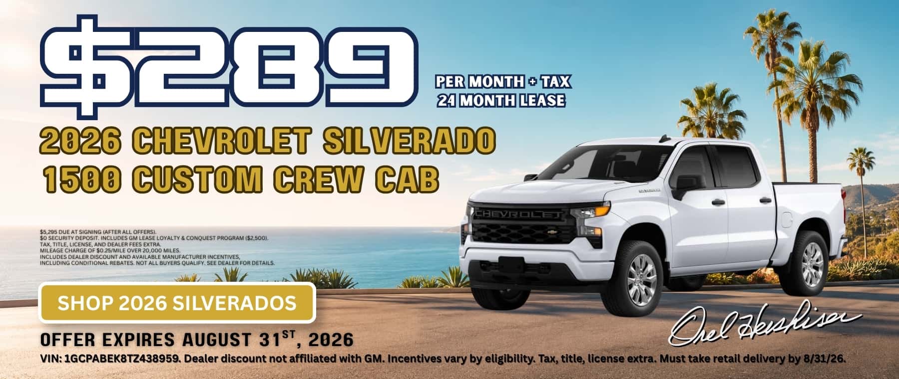 2026 Chevrolet Silverado 1500 Custom Crew Cab lease for $289 per month plus tax for 24 months at Orel Hershiser Chevrolet.