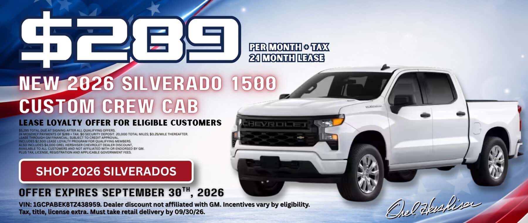 2026 Chevrolet Silverado 1500 Custom Crew Cab lease for $289 per month plus tax for 24 months at Orel Hershiser Chevrolet