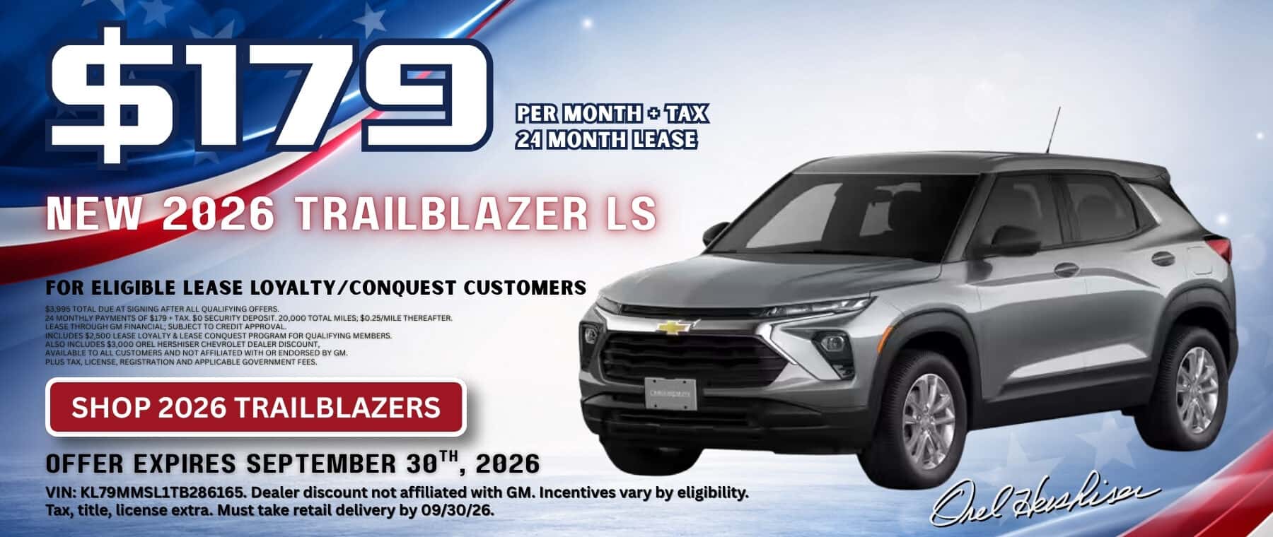 2026 Chevrolet Trailblazer LS lease for $179 per month plus tax for 24 months at Orel Hershiser Chevrolet