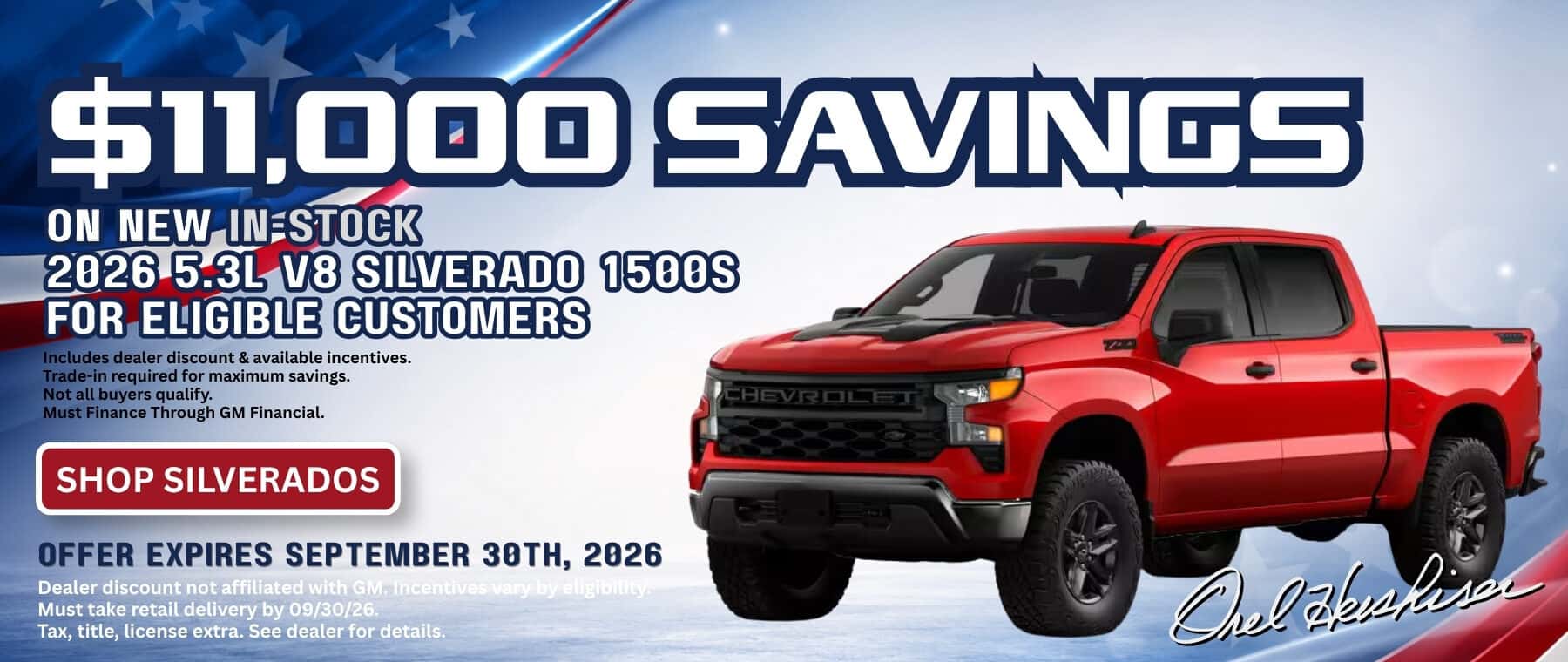 $11,000 savings on eligible new in-stock 2026 Chevrolet Silverado 1500 models with 5.3L V8 at Orel Hershiser Chevrolet