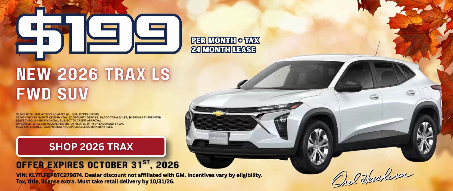 White 2026 Chevrolet Trax LS FWD SUV featured in Orel Hershiser Chevrolet's October lease special. $199 per month plus tax for 24 months, with $3,995 due at signing.