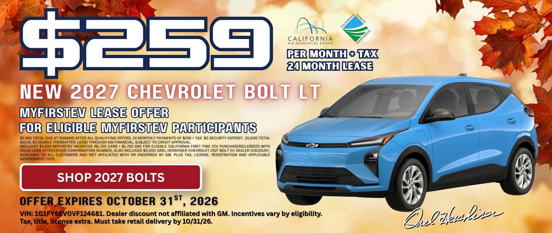Blue 2027 Chevrolet Bolt LT electric SUV on an autumn-themed lease banner advertising $259 per month plus tax for 24 months for eligible MyFirstEV participants, with CARB and California Climate Investments logos.