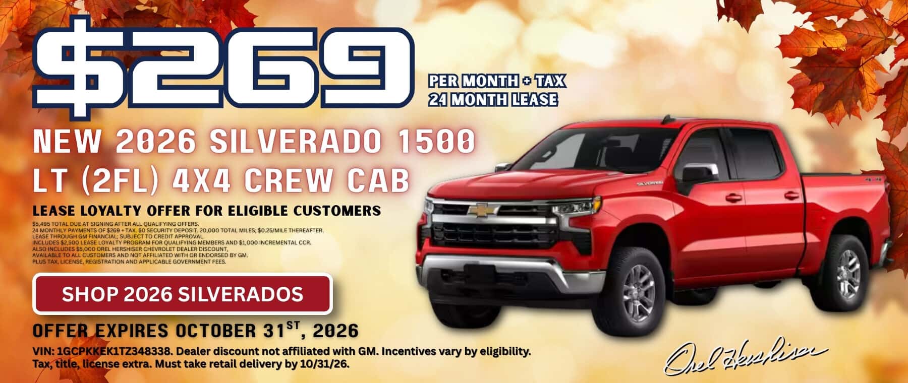 Red 2026 Chevrolet Silverado 1500 LT 4x4 Crew Cab on an autumn-themed lease banner advertising $269 per month plus tax for 24 months, with $5,495 due at signing for eligible customers.
