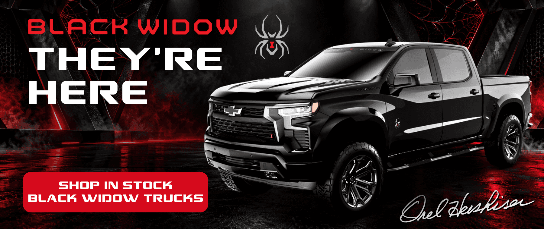 Black Widow Chevrolet Silverado custom truck at Orel Hershiser Chevrolet in Chino, CA, featured in a black and red promotional banner.