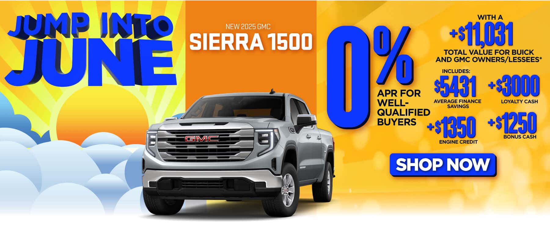 New 2025 GMC Sierra 1500 "Finance 0% APR for well-qualified buyers.* with a $11,031 Total Value for Buick and GMC owners/lessees.** Includes $5,431 AVERAGE FINANCE SAVINGS + $3,000 LOYALTY CASH + $1,350 ENGINE CREDIT + $1,250 BONUS CASH"