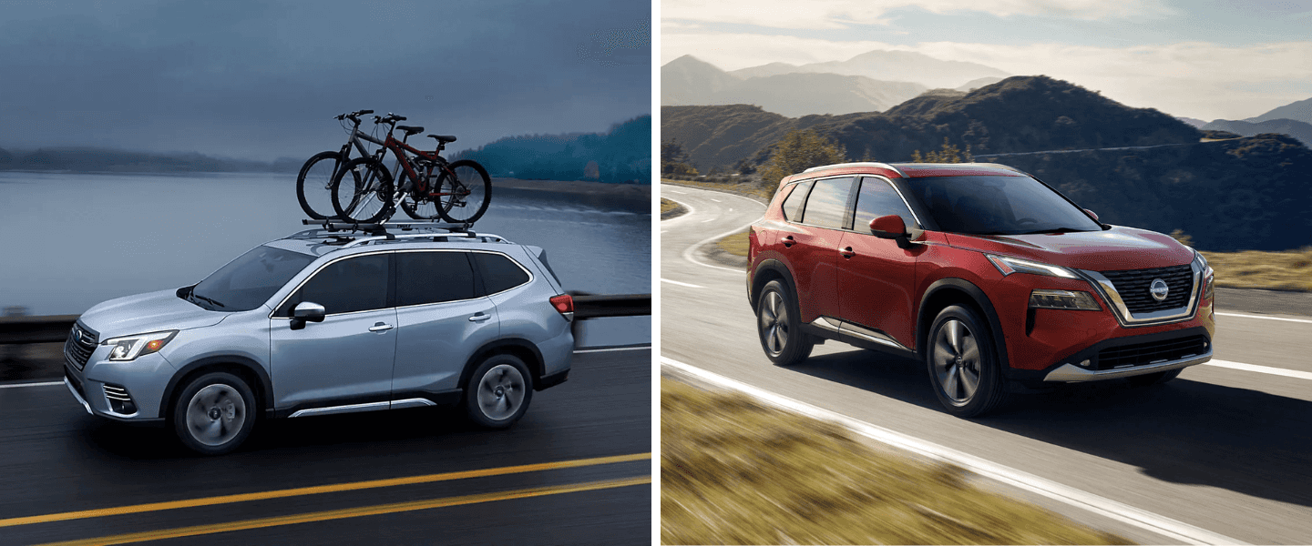 silver Subaru Forester vs. red Nissan Rogue