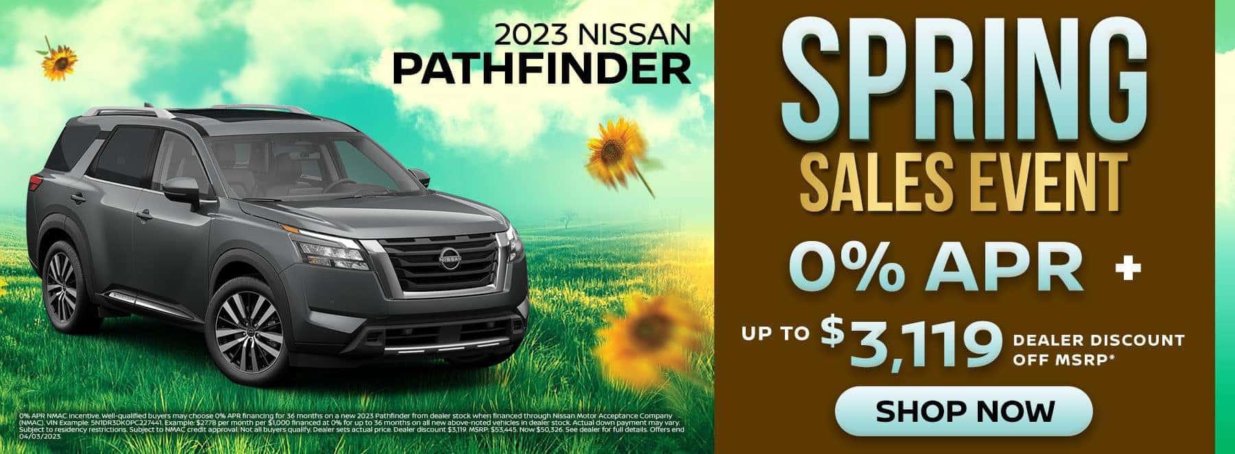 0% APR + up to $3,119 dealer discount on 2023 Nissan Pathfinder