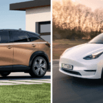 Copper Nissan ARIYA vs. white Tesla Model Y