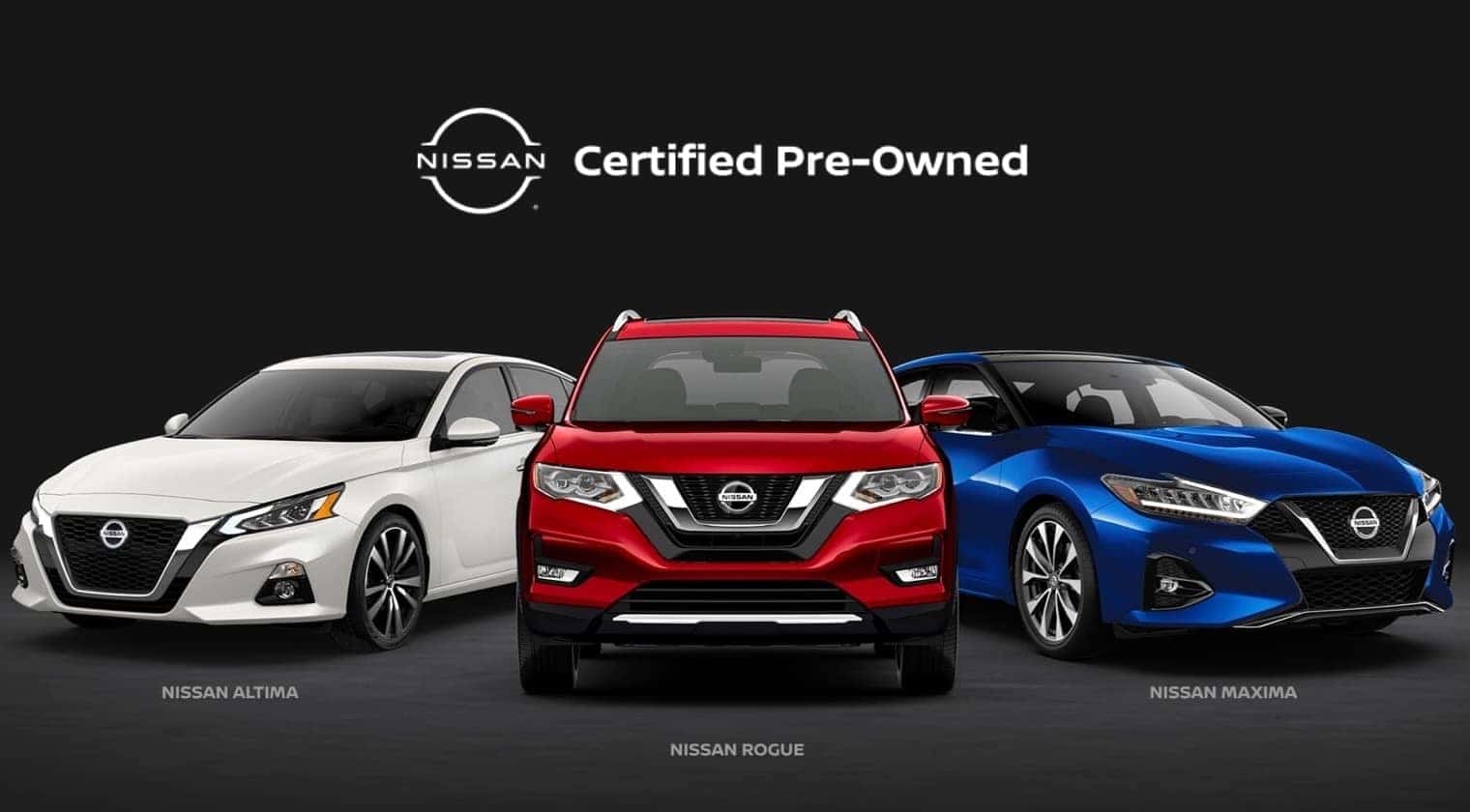 White Nissan Altima, red Nissan Rogue, blue Nissan Maxima