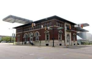 The outside entrance for a museum in Akron