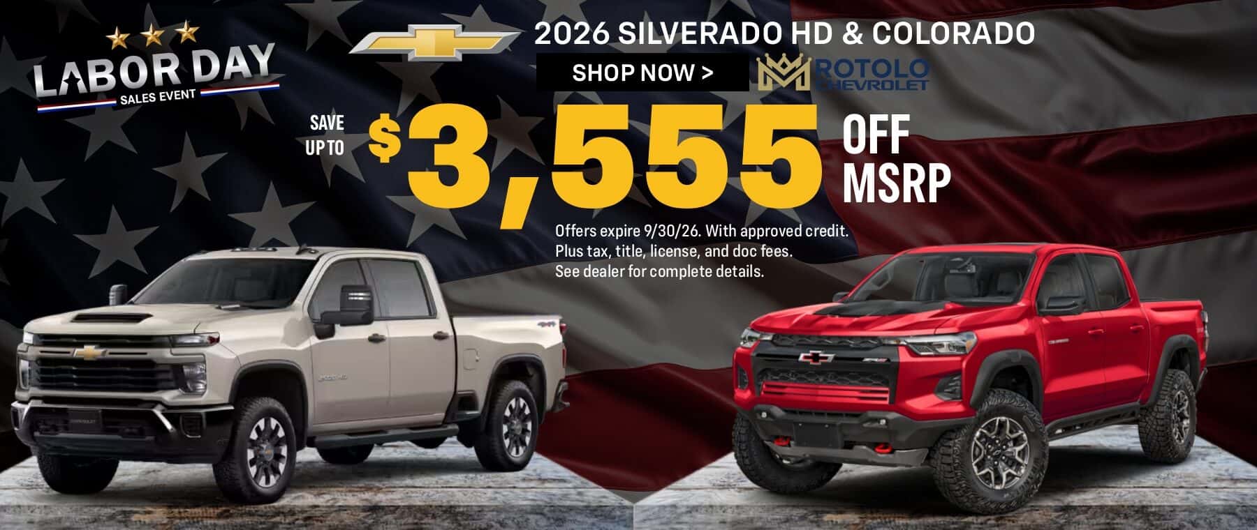 $3,555 off MSRP on New 2026 Silverado HD & Colorado