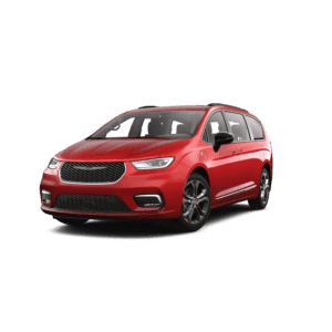 Red Mini Van Hybris with Black decals and Black Rims set against a white back ground